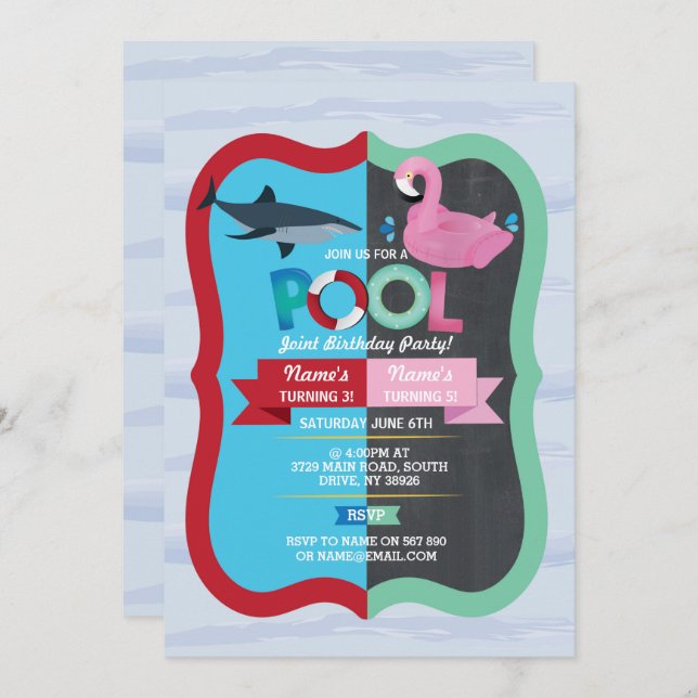 Convite Aniversário da Piscina do partido Shark Flamingo J (Frente/Verso)