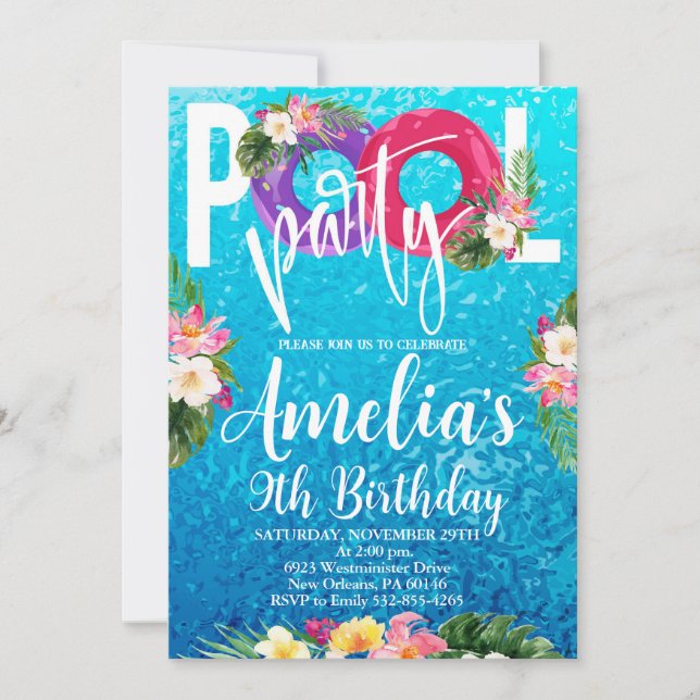 Convite Aniversário da piscina, Festa de Nadação, Qualquer (Frente)