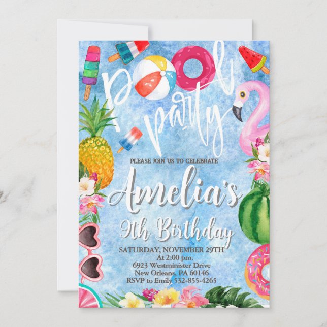Convite Aniversário da piscina, Festa de Nadação, Qualquer (Frente)