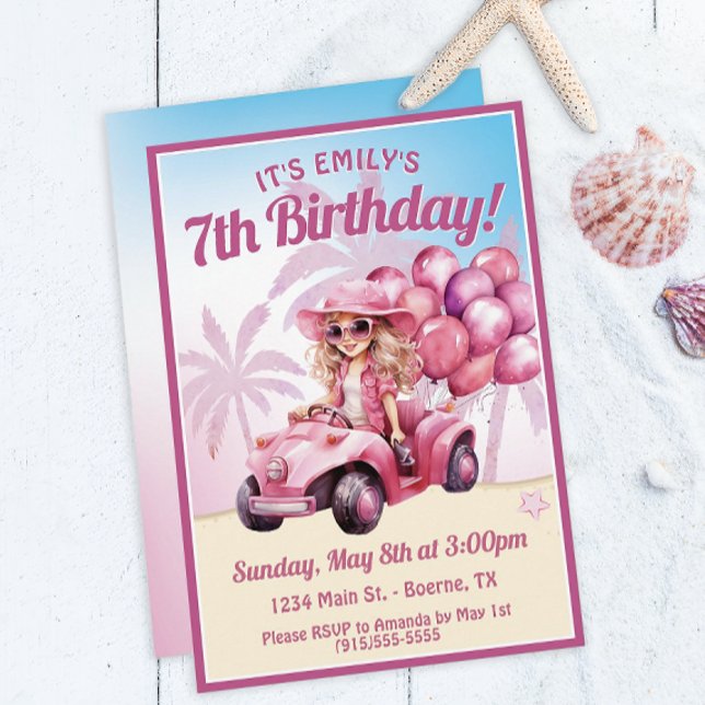 Convite Aniversário da Praia Convertível Rosa (A fun birthday invitation for a special girl's beach birthday party.)