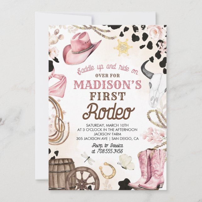 Convite Aniversário da Primeira Rapariga Rosa Rodeo Wild W (Frente)