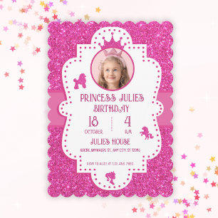 Convite Aniversário da princesa brilho glitter rosa 