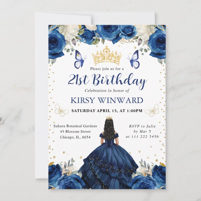 Convite Aniversário da Princesa de Cabelo Preto Vestido Az (Frente)