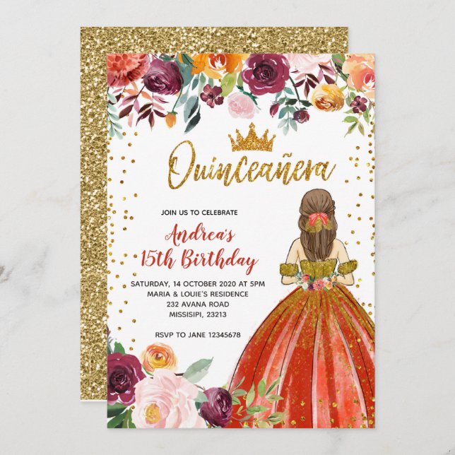 Convite Aniversário da Princesa Floral Quinceañera, vermel (Frente/Verso)