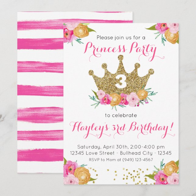 Convite Aniversário da Princesa Floral Rosa (Frente/Verso)
