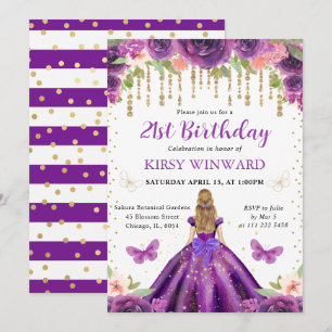 Convite Aniversário da Princesa Loura de Vestido Roxo