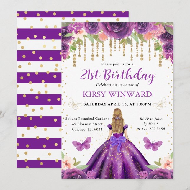 Convite Aniversário da Princesa Loura de Vestido Roxo (Frente/Verso)