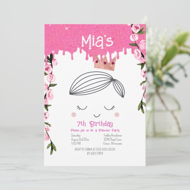 Convite Aniversário da Princesa Meninas, bonito Rosa, Rosa (Em pé/Frente)
