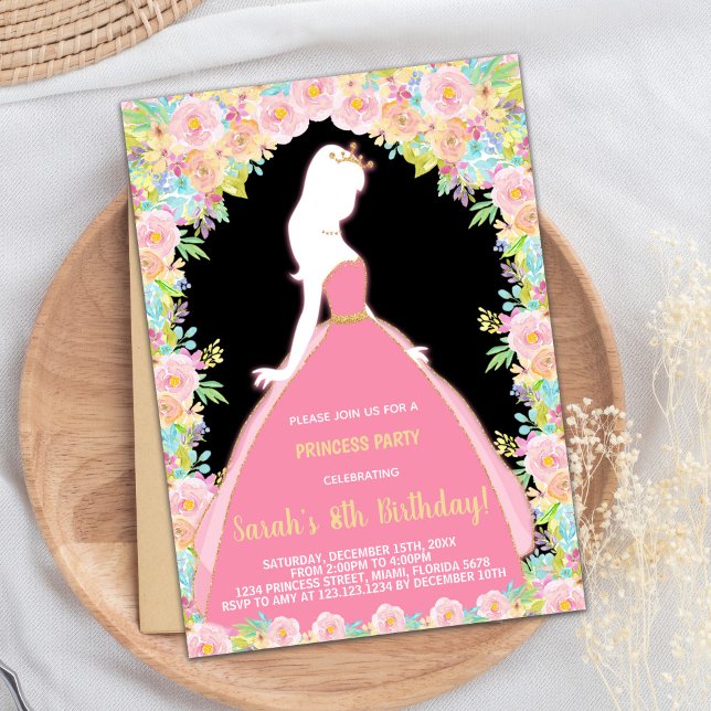 Convite Aniversário da Princesa Negra Rosa Negra Floral (Floral Glitter Black Pink Princess Birthday Invitation)