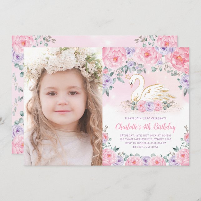 Convite Aniversário da Princesa Púrpura Rosa Feminina (Frente/Verso)