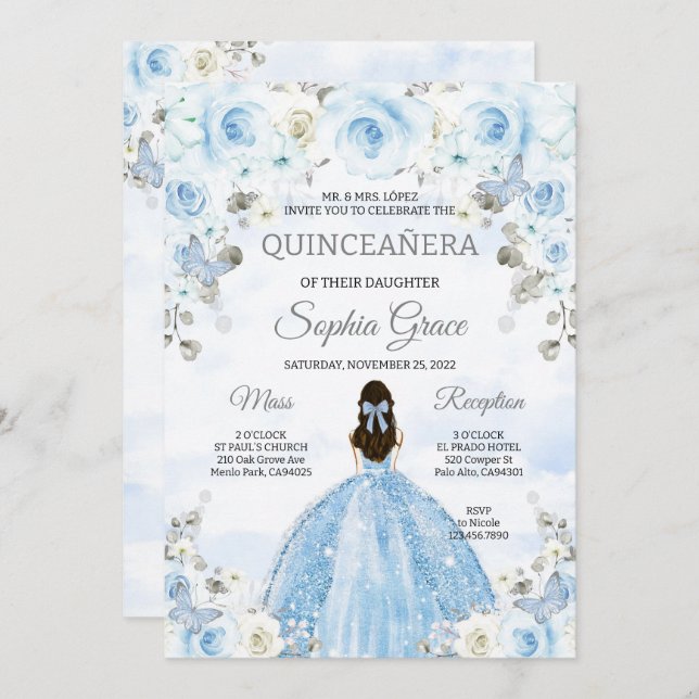 Convite Aniversário da Princesa Quinceanera Azul Claro (Frente/Verso)