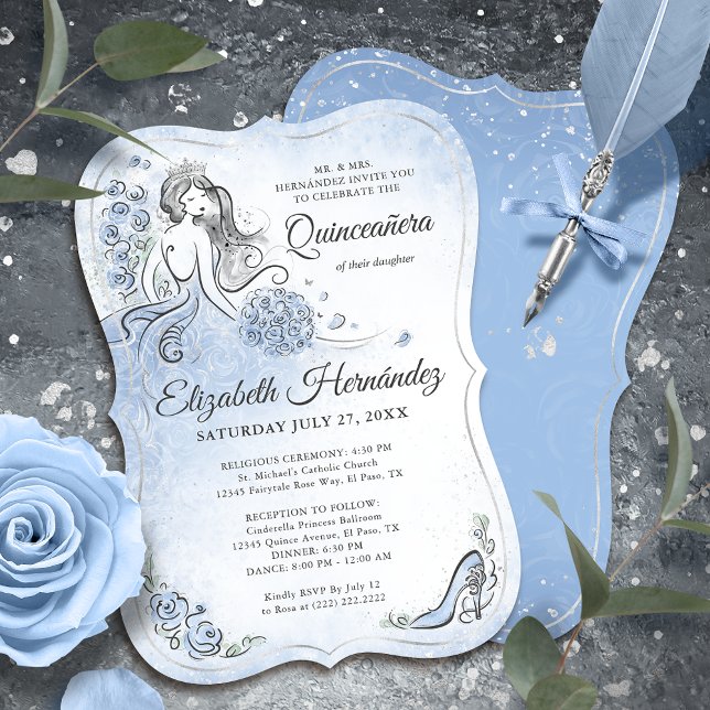 Convite Aniversário da Princesa Quinceanera Azul Claro (Unique, downloadable light blue quinceanera invitations on an editable DIY template.)