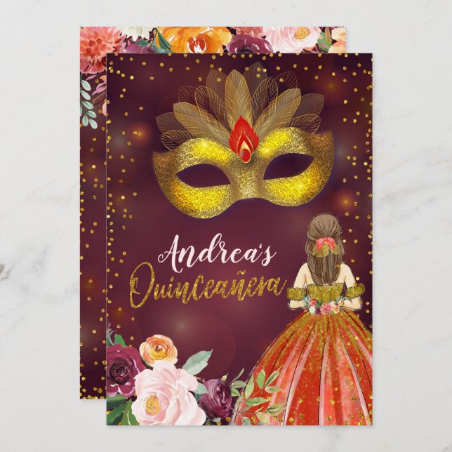 Convite Aniversário da Princesa Quinceañera Vermelha e Dou (Frente/Verso)