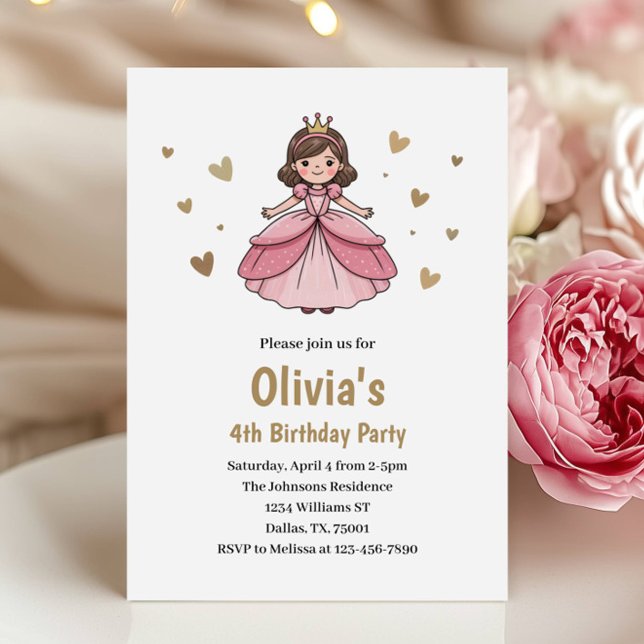 Convite Aniversário da Princesa Rosa Dourado Fofa para Cri (Criador carregado)