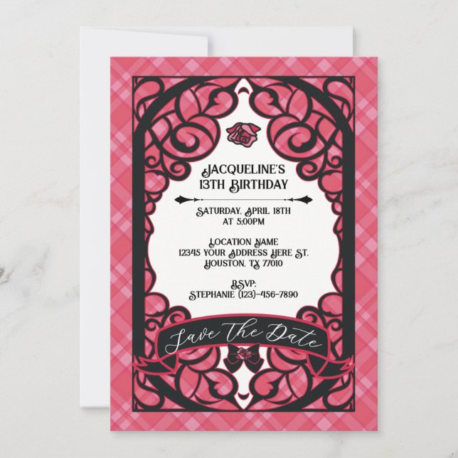 Convite Aniversário da Princesa Rosa e Preto Porta Rosa (Frente)