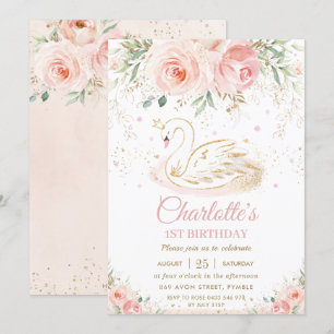 Convite Aniversário da Princesa Swan Blush Floral Dourada