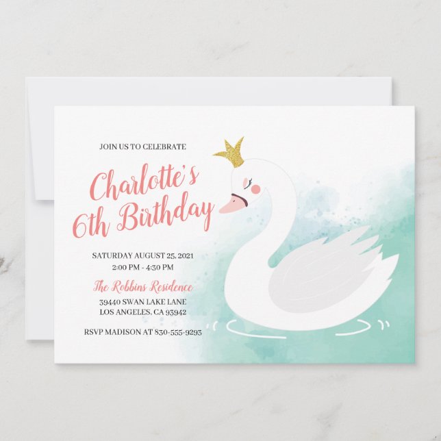 Convite Aniversário da Princesa Swan, Rosa e Teal (Frente)