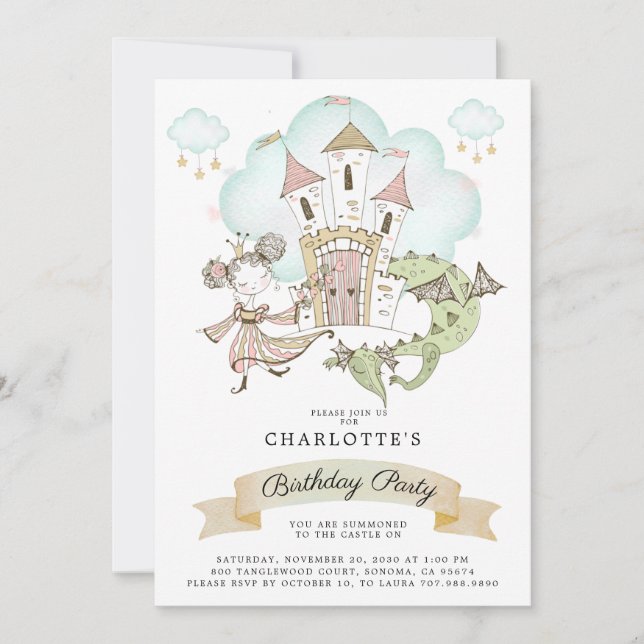 Convite Aniversário da Princesa Watercolor Girl (Frente)