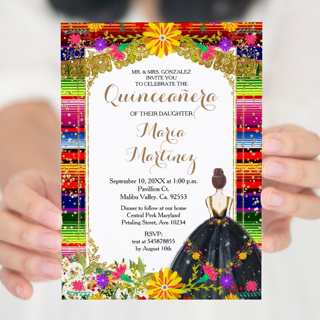 Convite Aniversário da Quinceañera Dourada e Colorida (Criador carregado)