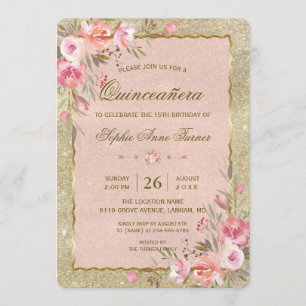 Convite Aniversário da Quinceañera Floral com Lâmina Doura