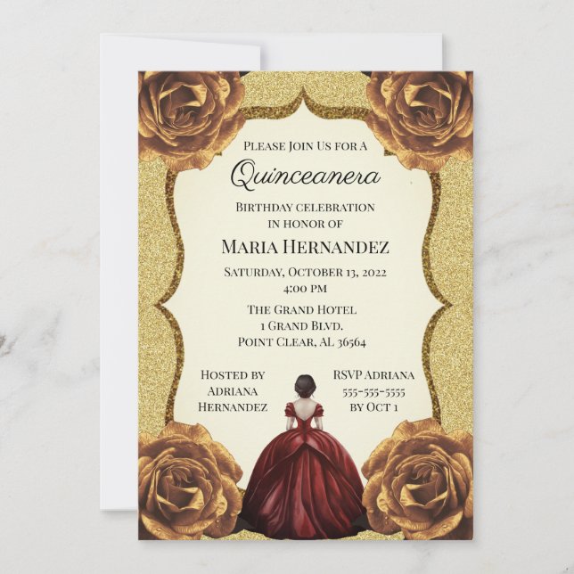 Convite Aniversário da Quinceanera Floral Dourada (Frente)