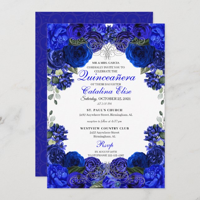 Convite Aniversário da Quinceanera Floral Real Azul e Prat (Frente/Verso)
