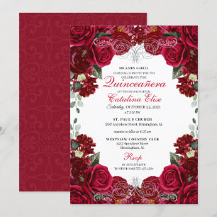 Convite Aniversário da Quinceanera Floral Vermelha e Prat