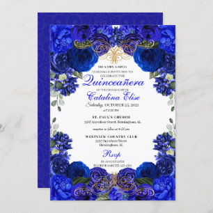Convite Aniversário da Quinceanera Real Azul e Dourada