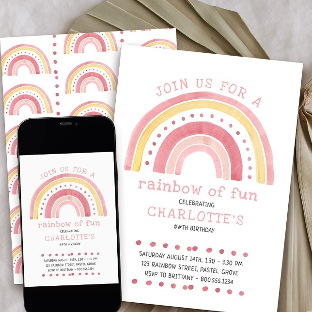 Convite Aniversário da Rainbow Pastel Doodle Art Girl (Rainbow of fun girls birthday invitation)