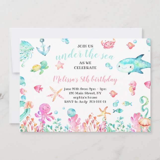 Convite Aniversário da Sea Watercolor Summer Girl (Frente)