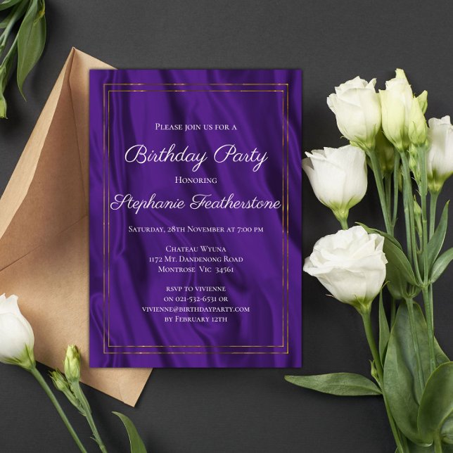 Convite Aniversário da Seda Roxa Elegante (Criador carregado)