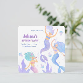 Convite Aniversário da Sereia com Aquarela Violeta e Azul