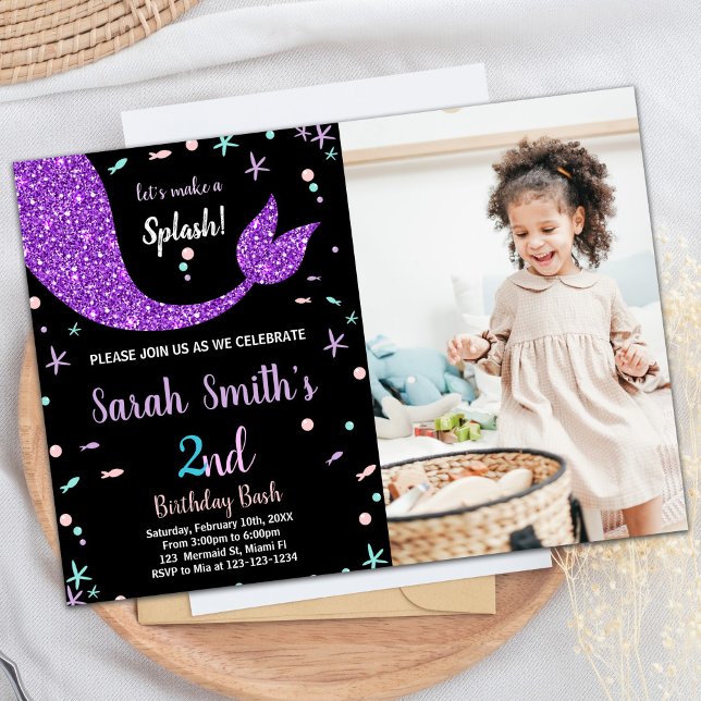 Convite Aniversário da Sereia Preta Rosa com Ataque (Black Pink Mermaid Tail Birthday with photo Invitation)