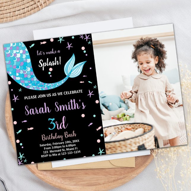 Convite Aniversário da Sereia Verde Negra (Black Green Mermaid Tail Birthday with photo Invitation)