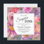 Convite Aniversário da Surpresa do 30 Floral Rosa Puro<br><div class="desc">Convite de festas de aniversário de 30 anos floral de cor-de-água rosa púrpura e pincelada para mulheres.</div>