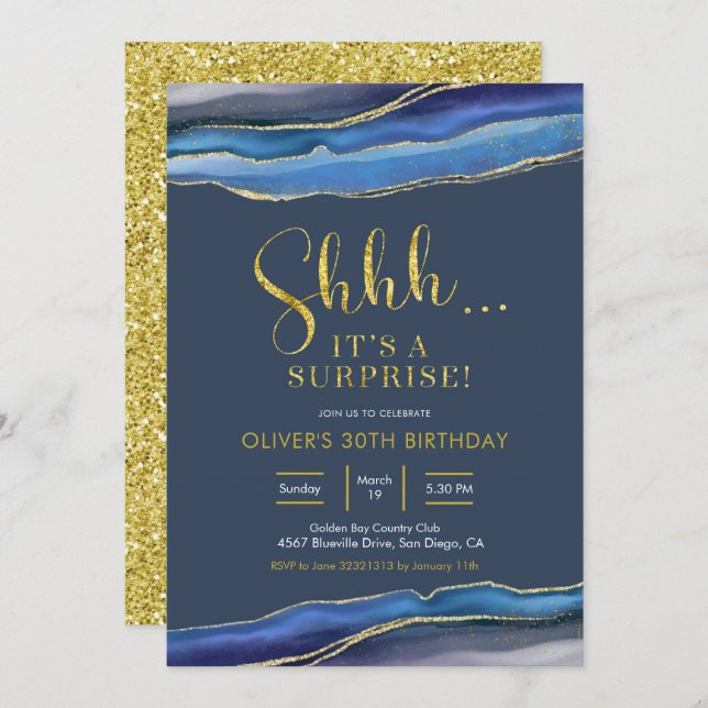 Convite Aniversário da Surpresa do Marinho Azul de Elegant (Frente/Verso)