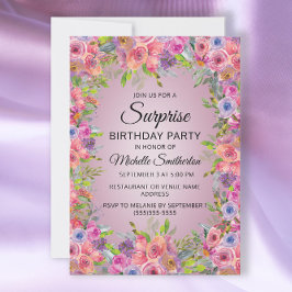 Convite Aniversário da Surpresa Floral Púrpura Cor de Água