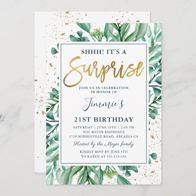 Convite Aniversário da Surpresa Glitter Dourada de na moda (Frente/Verso)