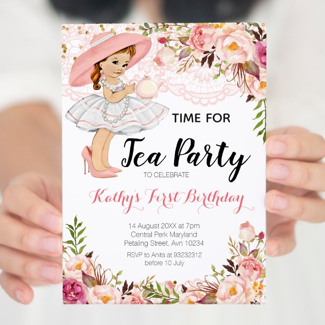 Convite Aniversário da Tea Party Floral Rosa (Criador carregado)