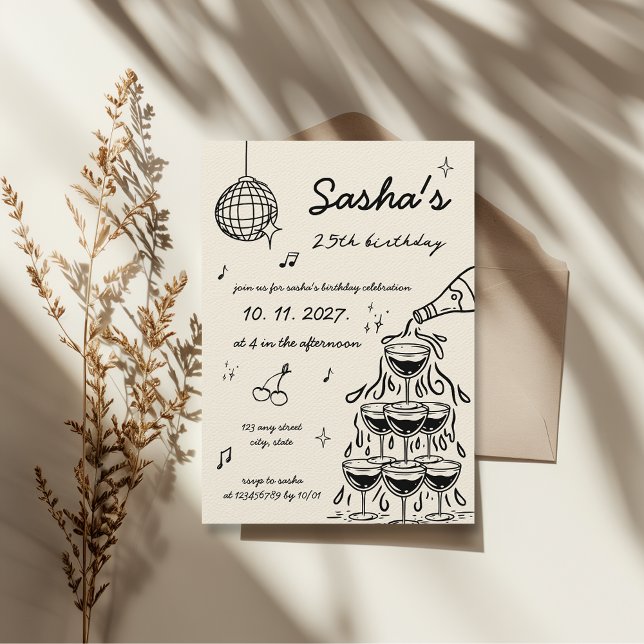 Convite Aniversário da Torre Retro Champagne, ilustrado à  (Hand illustrated champagne tower birthday invitation disco ball hand drawn funky retro vintage )