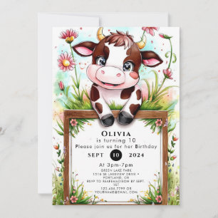 Convite Aniversário da Vaca de Pastel Watercolor