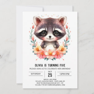 Convite Aniversário da Watercolor Raccoon Girl Editável