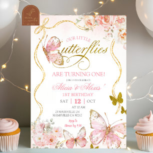 Convite Aniversário das Borboletas Gêmeas Rosa Coquette