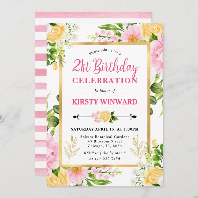 Convite Aniversário das Flores Amarelas e Cor-de-Água Rosa (Frente/Verso)
