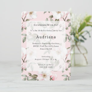Convite Aniversário das Flores Brancas bonito Rosa