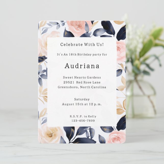 Convite Aniversário das Flores Cinzentas Azuis Rosa (Em pé/Frente)