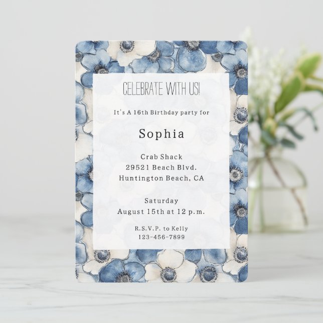 Convite Aniversário das Flores de Denim Branco Azul (Em pé/Frente)