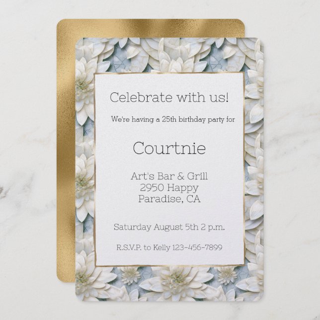 Convite Aniversário das Flores de Lótus Brancos Dourados (Frente/Verso)