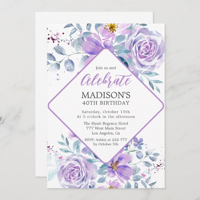 Convite Aniversário das Flores Roxas (Frente/Verso)