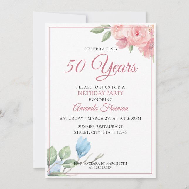 Convite Aniversário das Flores Vermelhas e Azuis Elegantes (Frente)